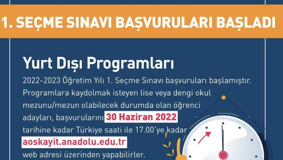 Anadolu Üniversitesi Açıköğretim Sistemi Yurtdışı Programlarına 2022-2023 öğretim yılında kaydolmayı düşünen lise veya dengi okul mezunu/mezun olabilecek  öğrenci adayları için Öğrenci Seçme Sınavı başvuruları  alınmaya başlanmıştır.